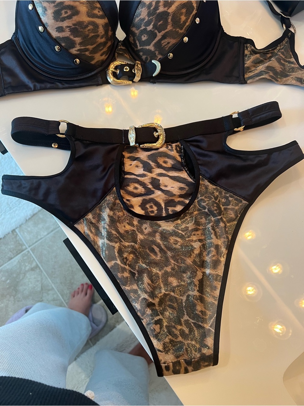 Honey Birdette Black & Gold Leopard Push-Up Bra with Matching Garter Set - Picture 5 of 6